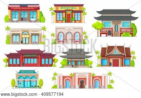 National Cuisine Restaurants Vector Buildings. Italian, Mexican Grill And Spanish, Indian, Japanese 