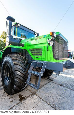 Samara, Russia - September 23, 2017: Large Modern Agricultural Wheeled Tractor Kirovets 714 Petra-zs