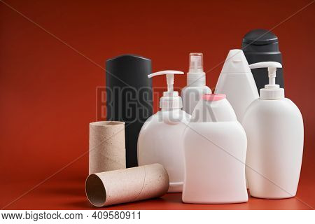 A Set Of Empty Clean Plastic Containers Of Different Shapes From Household Cleaning Products, Shower