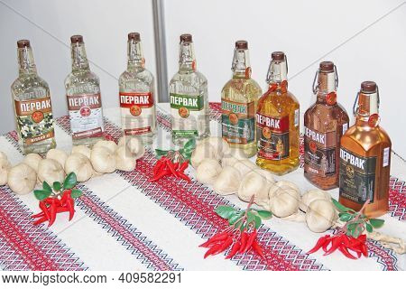 Kyiv / Ukraine. 09 March 2019: Pervak Vodka Presented At Exhibition. Variety Of Assortment Of Vodka 