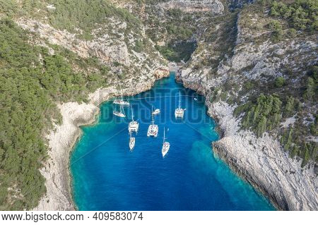 Aerial Drone Shot Of Iconic Stiniva Cove Beach Of Adriatic Sea On Vis Island In Croatia Summer