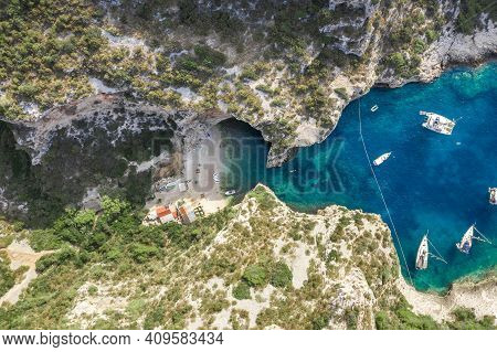 Aerial Overhead Drone Shot Of Stiniva Covert Cove Beach In Adriatic Sea On Vis Island In Croatia In 