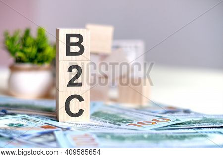 Wooden Cubes With The Letters B2c Arranged In A Vertical Pyramid On Banknotes, Green Plant In A Flow