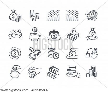 Collection Of Coins, Money, Earnings Related Icons. Coins Stack And Donations, Tips, Piggy Bank, Bun