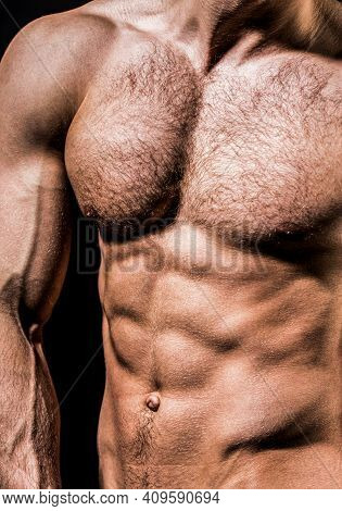 Torso With Six Packs Looks Attractive. Handsome Man Muscular Topless Body. Strong Man With Torso. To