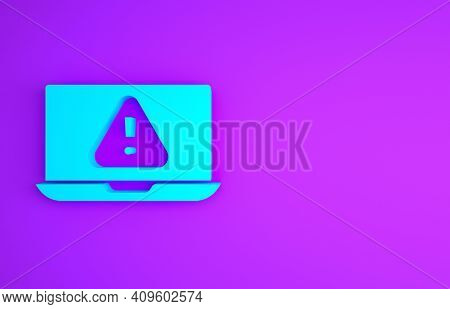 Blue Laptop With Exclamation Mark Icon Isolated On Purple Background. Alert Message Smartphone Notif