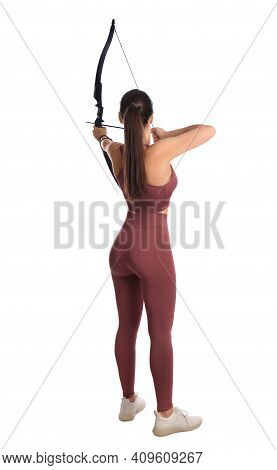 Woman With Bow And Arrow Practicing Archery On White Background, Back View