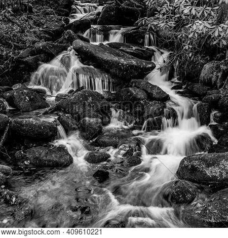 Water Cascades Over Mossy Rocks In Black And White