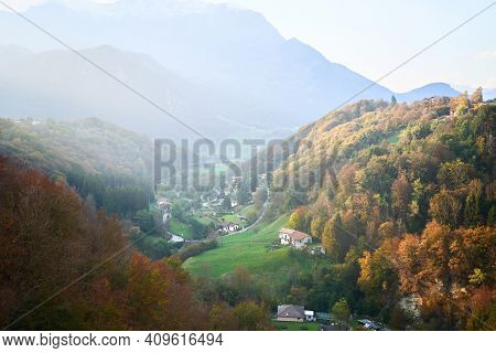 Morterone Village With Dolomites Mountains In Background, View From The Mountain Top. Valassina Vall