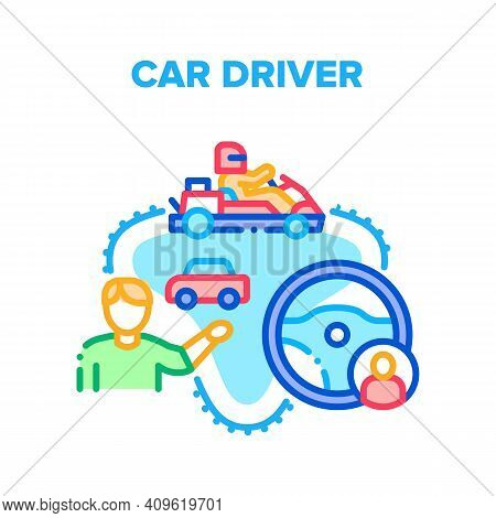 Car Driver Racer Vector Icon Concept. Car Driver Steering Wheel For Driving Automobile Or Cart, Moto