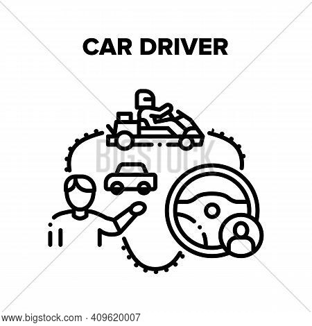 Car Driver Racer Vector Icon Concept. Car Driver Steering Wheel For Driving Automobile Or Cart, Moto