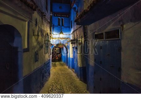 Chefchaouen, Morocco - May 29, 2017: Night View In Medina Of Chefchaouen. The City Is Noted For Its 