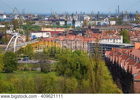 Gdansk, Poland - May 14, 2017: Aerial View Of The Historical Buildings Near The Industrial Part Of G
