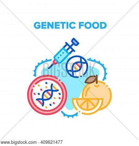 Genetic Food Vector Icon Concept. Molecular Genetic Food And Fruit, Gmo Syringe For Make Agricultura