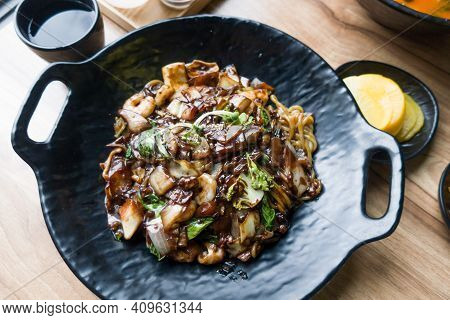 Korean Food Seafood Jajangmyeon, Black Soybean Sauce.