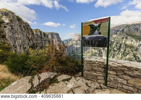Monodentry, Greece - October 11, 2011: View Of The Vikos Gorge, With Explanation Sign, In Zagoria, G