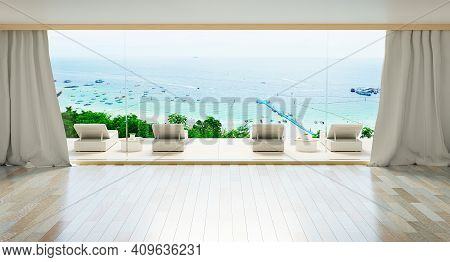 Minimal Luxury Beach House With Sea View On Terrace Modern Design, Sunbed Lounge Chairs On Deck At V