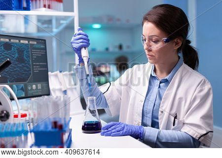 Professional Scientist Taking Sample For Medical Experiment. Chemist Researcher Working In Laborator
