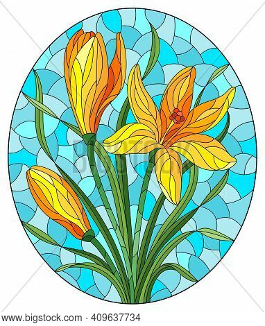 Illustration In Stained Glass Style With A Yellow Hyacinth Flowers On A Blue Background, Oval Image