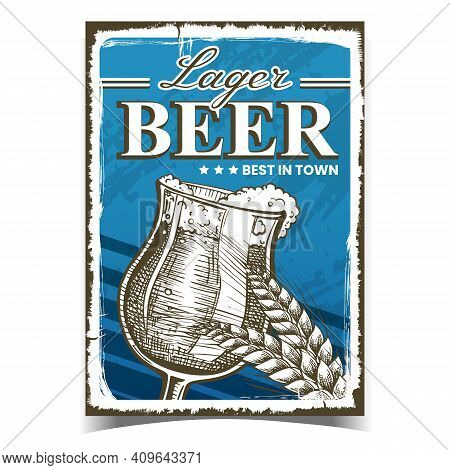 Lager Beer Creative Advertising Banner Vector. Beer Alcoholic Drink Glass Cup And Wheat Spike On Pro