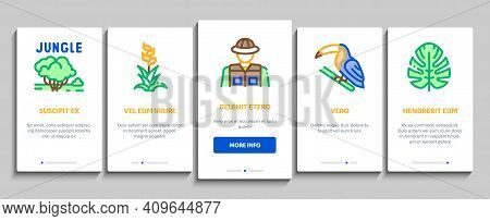 Jungle Tropical Forest Onboarding Mobile App Page Screen Vector. Jungle Tree And Animal, Waterfall A