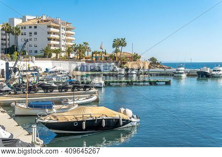 Palmanova, Spain; February 20 2021: General View Of The Marina Of The Mallorcan Resort Of Palmanova 