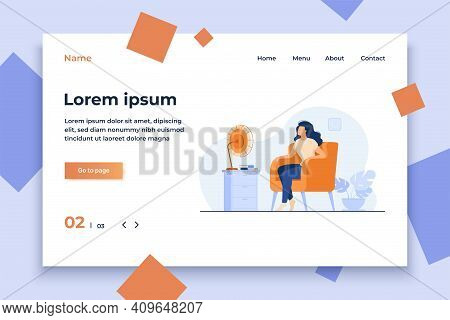 Woman Conditioning Air At Home, Feeling Hot, Trying To Cool And Sitting Gat Fan. Vector Illustration