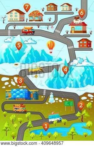 Inforgaphic Poster With Decorative Map Of Mountainous Town Area With Car Roads Buildings Numbered Lo