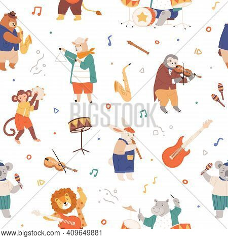 Seamless Pattern With Animal Musicians. Cute Kids Characters Playing Music On Guitar, Violin, Fife, 
