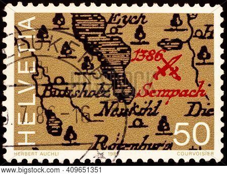 Moscow, Russia - February 20, 2021: Stamp Printed In Switzerland Shows Map With Location Of The Batt