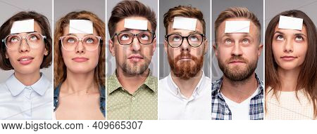 Collage Of Portraits Of Diverse Pensive People In Casual Clothes With White Stickers On Forehead Gue