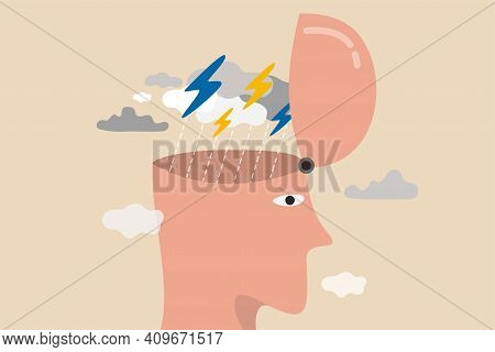 Depression, Anger, Stressed And Anxiety Emotion Concept, Man With Head Open Reveal His Brain With Th