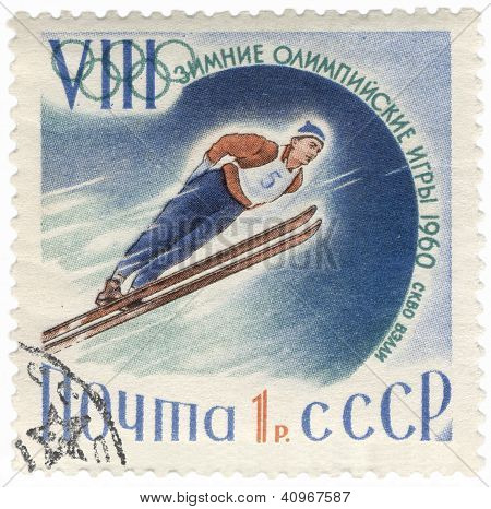Sauteur à ski sur timbre postal