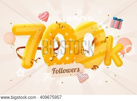 700k Or 700000 Followers Thank You Pink Heart, Golden Confetti And Neon Signs. Social Network Friend