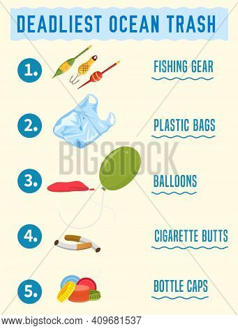Top Debris Items Found In The Ocean Infographics. Different Waste Polluting The Sea And Beach. Portr