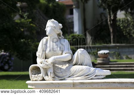Lainate (mi), Italy - June 16, 2018: Villa Litta Borromeo Visconti Fountain Detail, Lainate, Milan, 