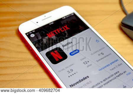 Spain, 02, 24, 2021 : Netflix Logo On Iphone Screen. Netflix Streaming Service For Watching Videos.