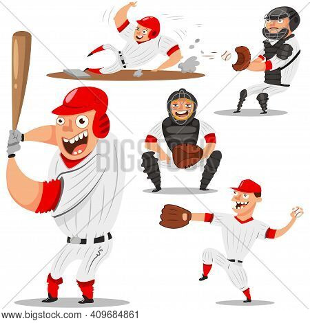 Baseball Team Players Vector Character Set. Pitcher, Catcher, Batter, Runner And Shortstop. Illustra