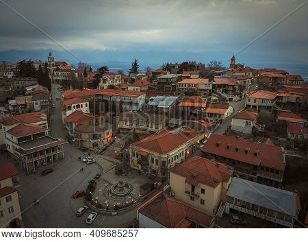 Love City Sighnaghi Aerial View At Dusk In Overcast Day. Travel Destination Georgia