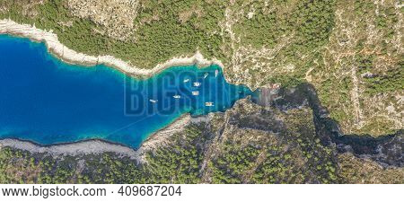 Aerial Overhead Drone Shot Of Stiniva Covert Cove Beach In Adriatic Sea On Vis Island In Croatia In 