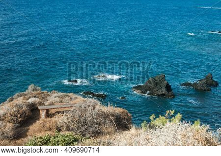 Empty Bench On The Seashore In The Pomos Bay With Amazing Sea View, Cyprus