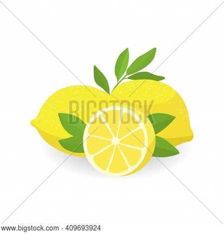 Flat Vector Illustration Of Half And Two Fresh Whole Lemons Decorated With Leaves.