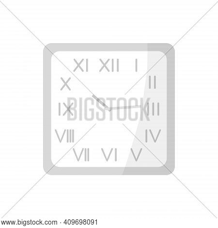 Modern Clock On The Wall. The Clock Is Square With Roman Numerals And Two Hands. Flat Vector Illustr