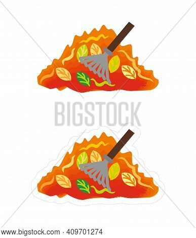 Vector Sticker With White Border Of Dry Autumn Leaves Heap With Rake. Simple Clipart Isolated On Whi