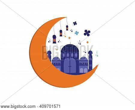 Moon With Mosque And Lantern On It.this Unique Vector Is Suitable To Complement Your Design.