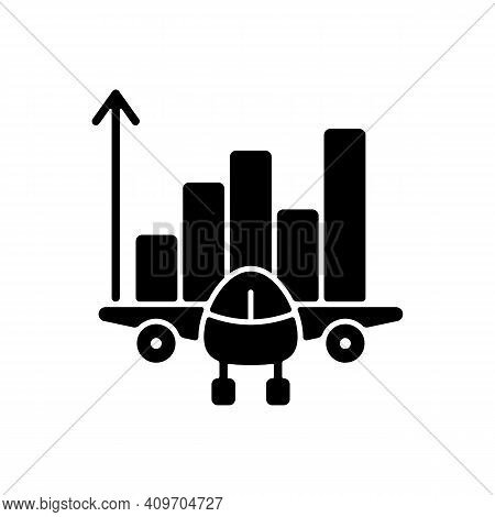 Aviation Analytics Black Glyph Icon. Civil Aviation Management. Service Quality Improvement. Company