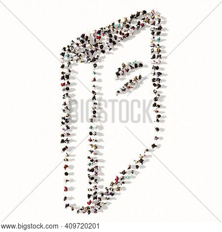 Concept or conceptual large community  of people forming the image of a closed book on white background. A 3d illustration metaphor for learning, education, research, scienc, literature and culture