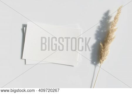 Mockup Poster Or Flyer For Presentation White Sheets Of Paper With Ear And Shadow On A Gray Backgrou