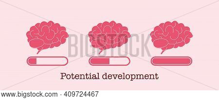 Potential Development Concept. Set Of Brain Loading Bar. Mind And Knowledge Boost. Progress Of Brain
