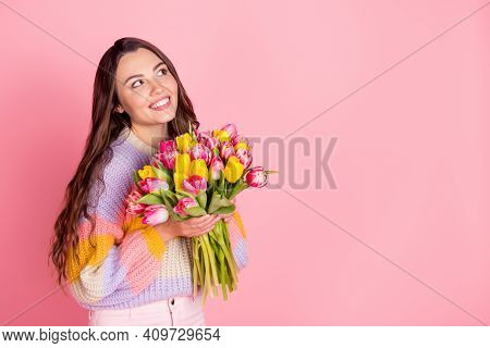 Portrait Of Attractive Cheerful Dreamy Girl Holding In Hands Bunch Tulips Event Copy Empty Space Ad 